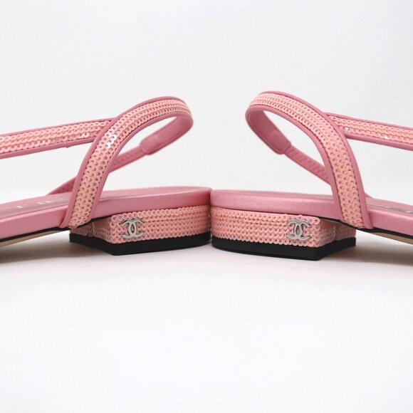 CHANEL 37.5 Pink Sequin Slingback 24P Interlocking CC Logo - Picture 11 of 14